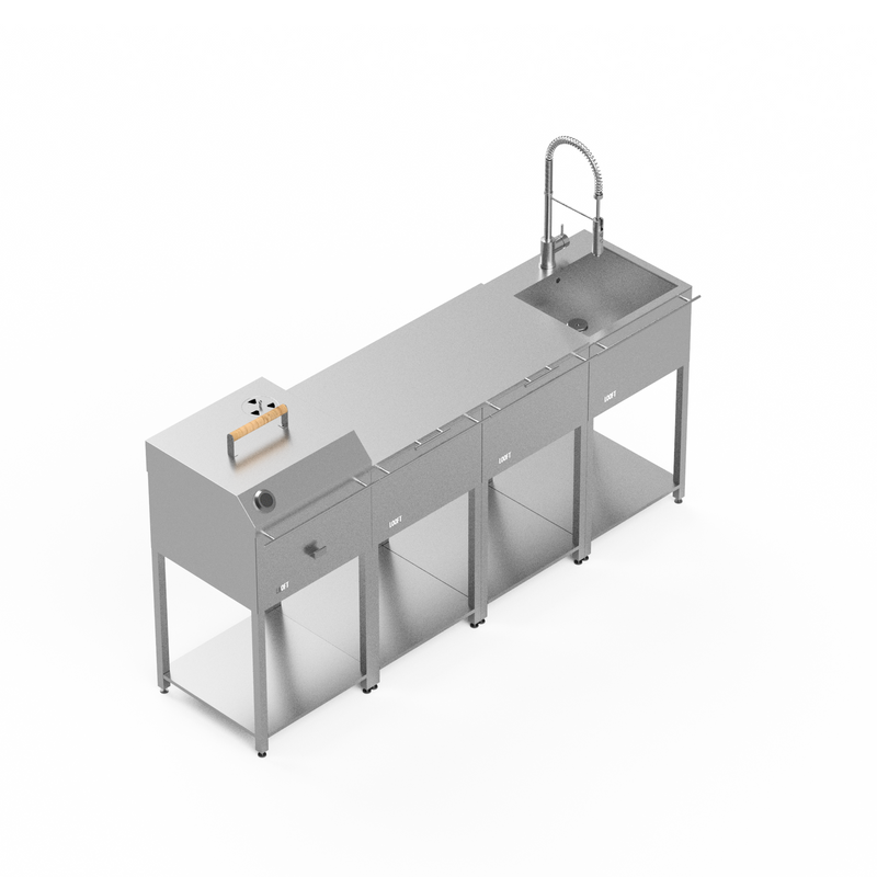 Outdoor kitchen with charcoal grill, sink & long work bench